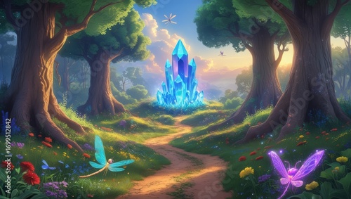 A glowing crystal in a fantasy forest