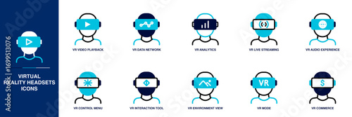 Virtual Reality Headsets Blue Colored Outline Icon Set