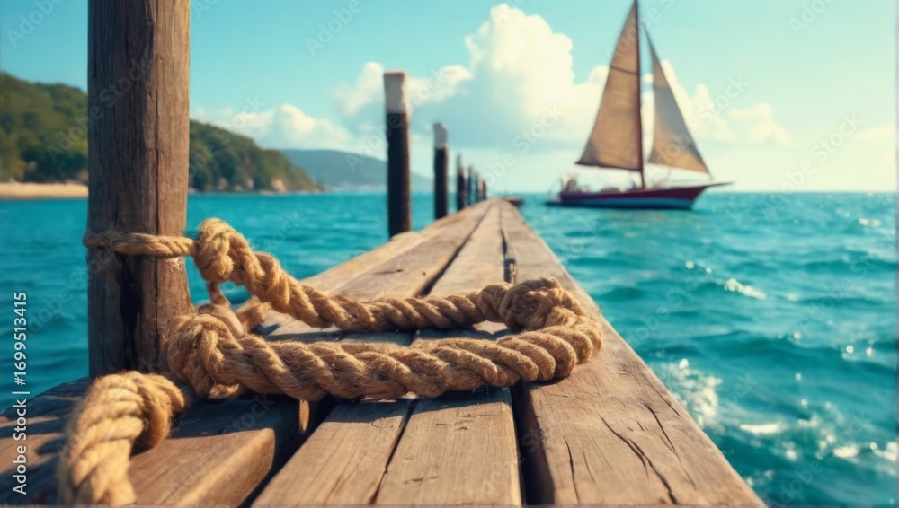 Obraz premium Tranquil Ocean Pier with Red Sailboat Sailing in Turquoise Water Scenic Seascape with Wooden Planks and Blue Sky