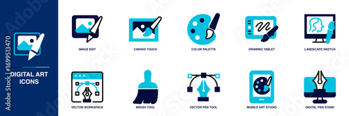 Digital Art Blue Colored Outline Icon Set