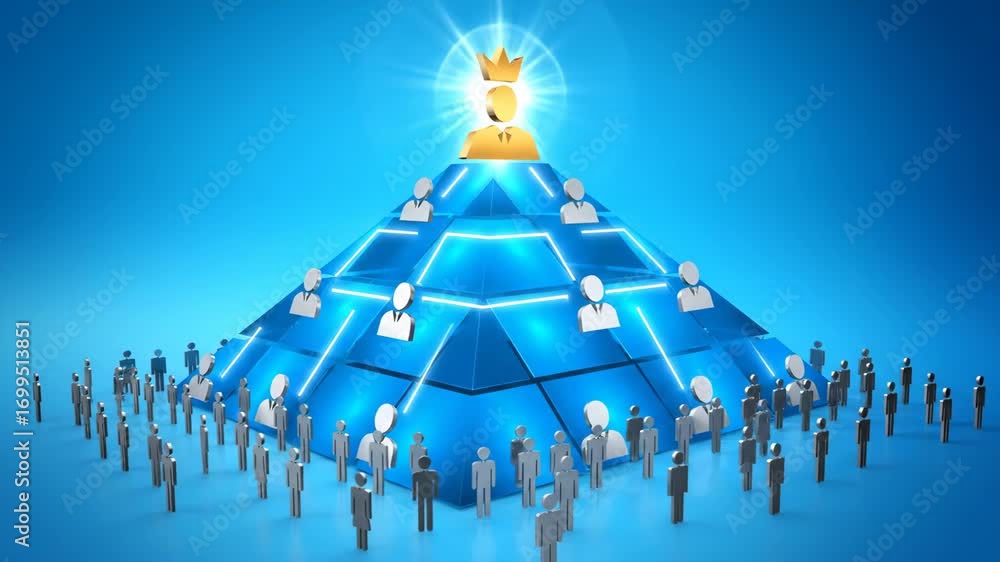 Hierarchical pyramid glowing blue structure with crowned figure at peak ...