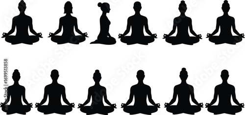 Vector silhouette of diverse men and women meditating in lotus pose, mindfulness, yoga, relaxation, calmness, wellness, mental health, peaceful lifestyle illustration.