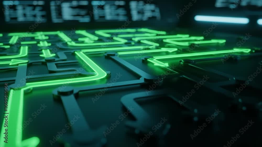 Looping Pathways Neon green glowing arrows on dark circuit board create futuristic ...
