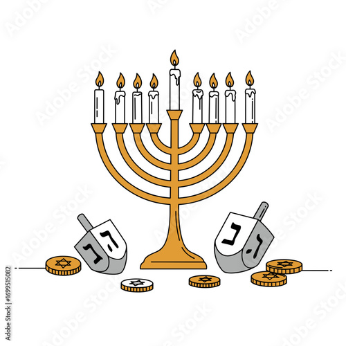 Menorah, dreidel, and coins, line art vector illustration of Hanukkah minimal celebration icons, white background, with copy space