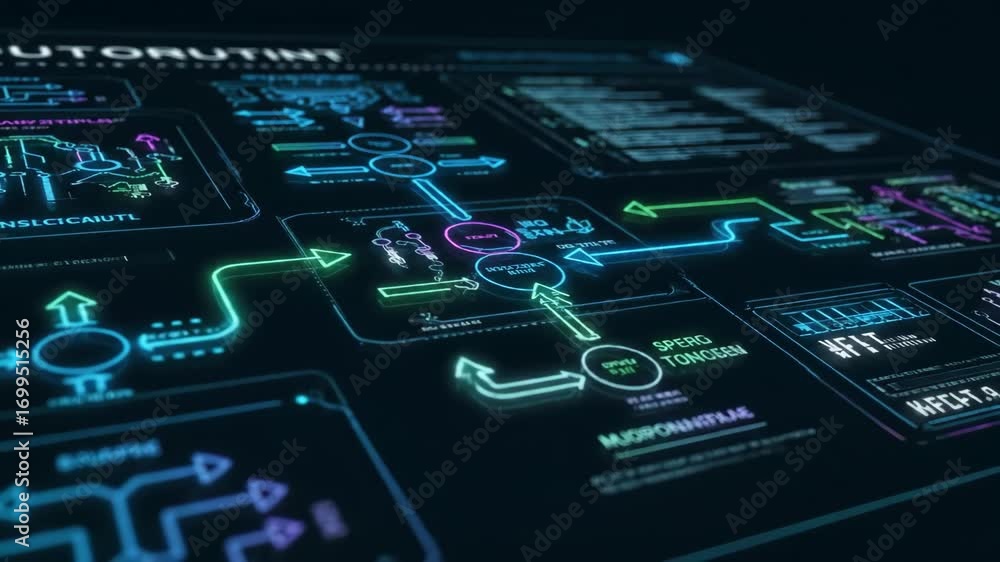 Red Color Automation Automation integration chart neon glowing arrows technology digital ...