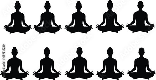 Vector silhouette of women and men meditating in lotus position, peaceful mindfulness, yoga practice, relaxation, wellness, mental health, spiritual calmness illustration.