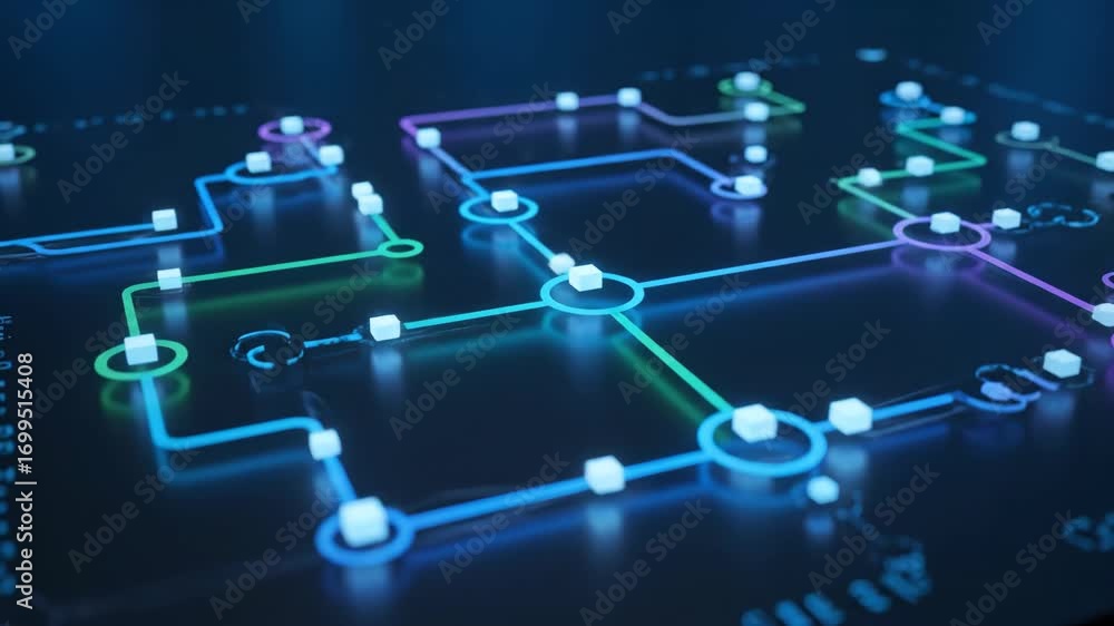 Automation pipeline diagram looping with smooth digital transitions glowing blue and green dark background showcasing futuristic technology network connection data flow system circuit glowing