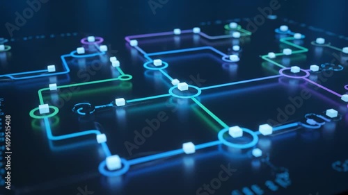 Automation pipeline diagram looping with smooth digital transitions glowing blue and green dark background showcasing futuristic technology network connection data flow system circuit glowing