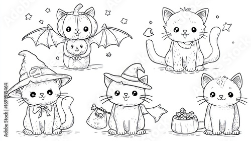 Line art illustrations of cute cats in various Halloween costumes