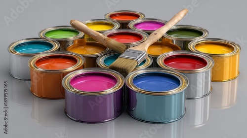 Collection of open paint cans with glossy colorful paints, brush balanced on top, smooth reflections, photorealistic 3D render, isolated on neutral background