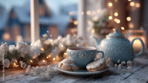 Cozy winter scene with blue teacup and teapot, surrounded by cookies and festive lights, creates warm holiday atmosphere