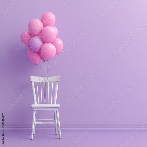 Outstanding white chair with floating pink balloons in violet pastel background room studio. minimal idea creative concept.