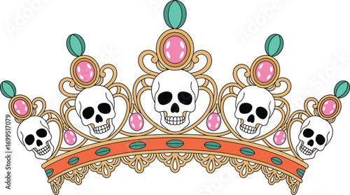 Gold tiara with skulls pink and teal gems crown