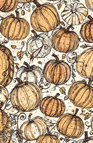 Pattern with orange pumpkins and brown vines on cream backdrop.
