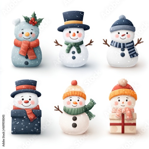 Snowmen in festive attire celebrate winter with joyful expressions and decorations in a snowy setting during the holiday season