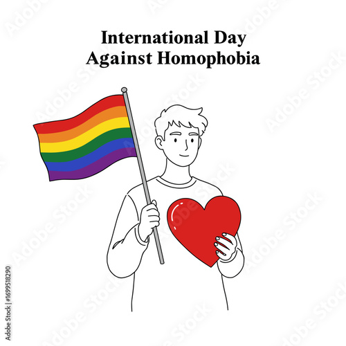 Person holding pride flag and heart, minimalist outline vector illustration for International Day Against Homophobia, white background, with copy space