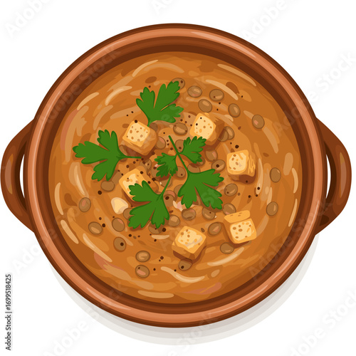 Top-down view of lentil soup in ceramic bowl with parsley and croutons, semi-realistic flat vector illustration, cozy homemade style on white background, with copy space