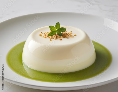 Creamy Panna Cotta with Matcha Sauce and Fresh Mint Leaf