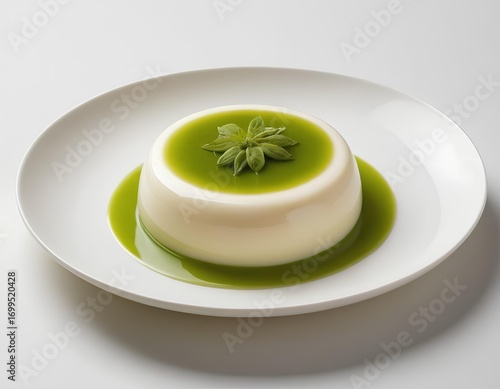 Creamy Panna Cotta with Matcha Sauce and Fresh Mint Leaf