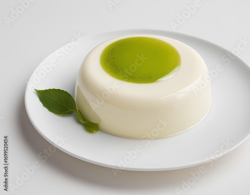 Creamy Panna Cotta with Matcha Sauce and Fresh Mint Leaf