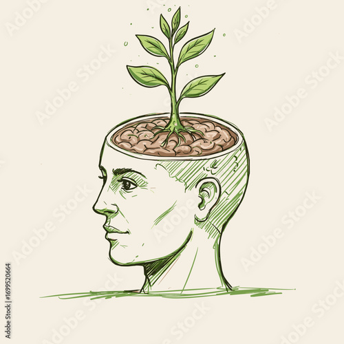 Head with plant sprouting from brain, sketch-style concept of “growth mindset”, symbolic metaphor, white background