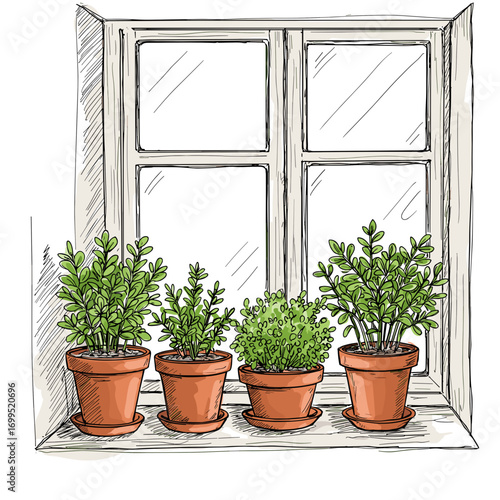Indoor windowsill garden with potted herbs, sketch-style illustration, cozy eco-friendly lifestyle scene, hand-drawn ink lines