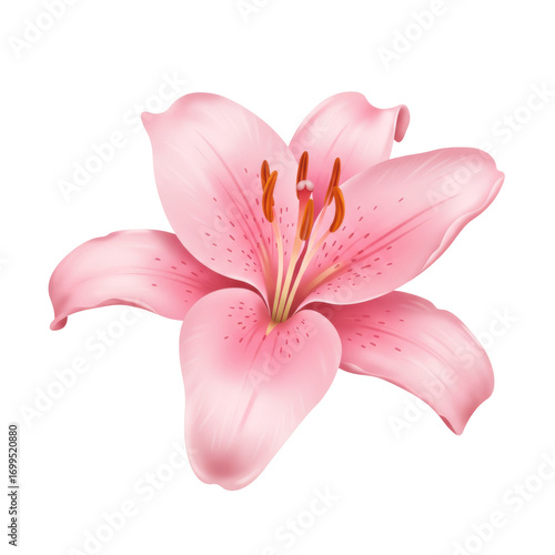 Delicate pink lily blossom with intricate details isolated on white background