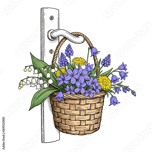 May Day flower basket hanging on door knob, sketch-style vector, spring celebration, white background, with copy space