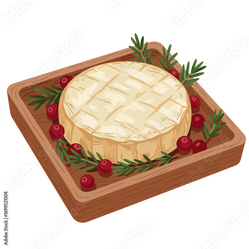 Festive appetizer spread with baked brie, fresh cranberries, and herbs, textured flat vector, warm tones, white background