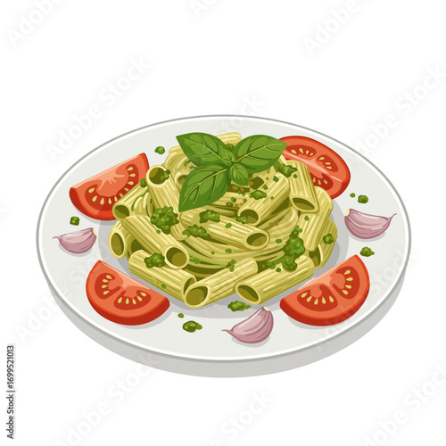 Pesto pasta with tomato slices and garlic cloves, textured flat vector, ingredients stylized around plate, clean composition, white background, with copy space
