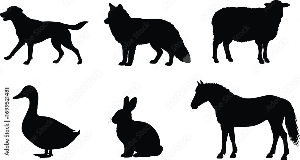 Fototapeta premium Farm animal silhouettes vector, dog, fox, sheep, duck, rabbit, horse, black and white illustration, domestic animals, nature, rural life