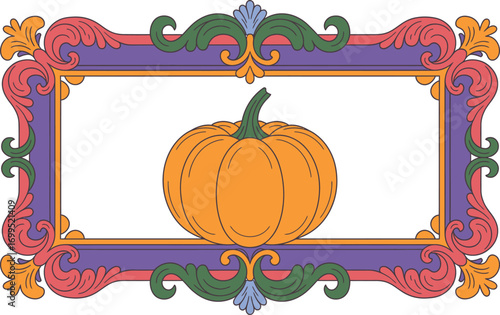 Orange pumpkin inside ornate purple and red frame autumn