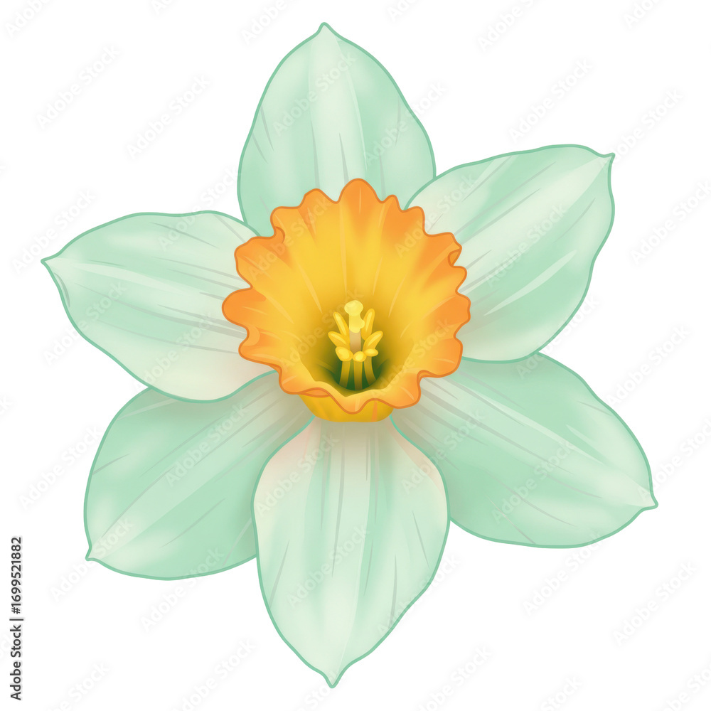 Obraz premium Detailed illustration of a daffodil with minty petals and orange corona isolated on white background