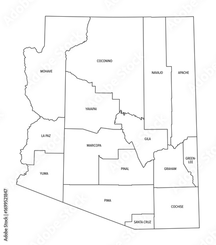 State of Arizona, divided into 15 counties, outline map. Landlocked state, in the Southwestern region of the United States, nicknamed Grand Canyon State. Map with county borders and names. Vector