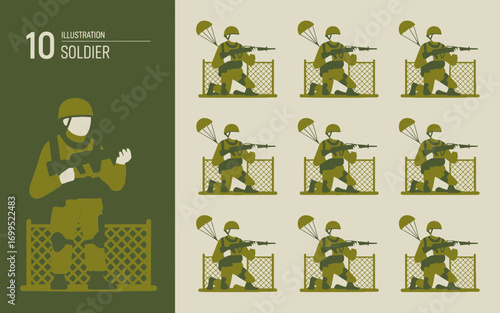 Stylized illustration of a soldier holding a rifle in a defensive stance with repeating paratrooper soldiers in the background