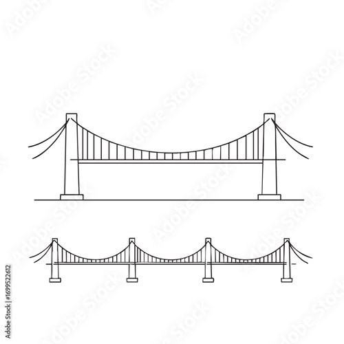 Clean black outline illustrations depict two distinct suspension bridge designs, symbolizing connection, engineering, and urban infrastructure.