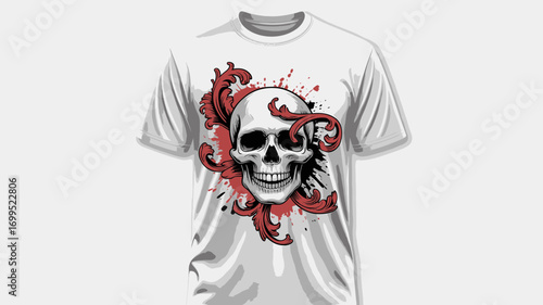 Edgy skull graphic tee design with vibrant blood splatter and ornate scrollwork for bold apparel