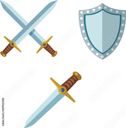 Medieval shield crossed swords and ornate dagger weaponry for fantasy adventures vector