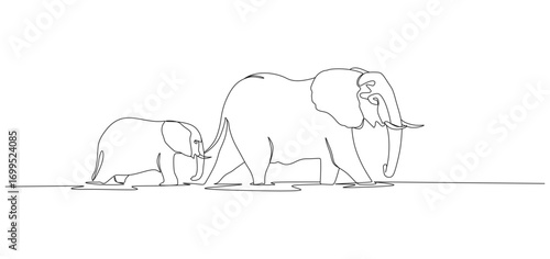 Minimalist one line drawing of two elephants walking together, an adult elephant leading a smaller one. The illustration emphasizes family bond, wildlife, and nature in a simple sketch-style