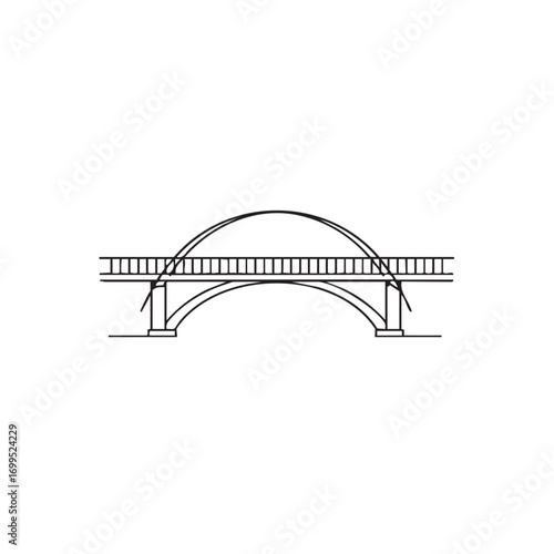 This minimalist black and white line art illustration depicts a classic arched bridge, symbolizing connection and architectural engineering, perfect for modern design projects.