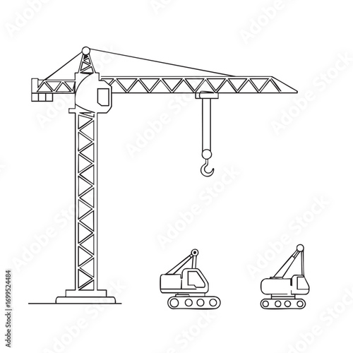 Minimalist black and white vector illustration featuring a prominent tower crane alongside two compact tracked excavators, symbolizing construction and development.