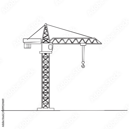 A minimalist black and white continuous line art drawing depicts a large tower crane, symbolizing construction, development, and industrial progress.