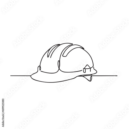 A minimalist continuous line drawing illustrates a protective hard hat, symbolizing construction, safety, and industrial work.