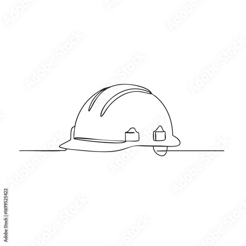 A minimalist continuous line drawing depicts a protective hard hat, symbolizing safety and essential headgear for construction workers and industrial professionals.