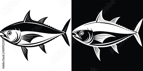 Dynamic tuna illustration captures powerful ocean predator in striking black and white contrast for bold aquatic themes