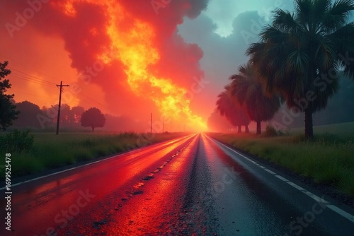 Intense summer heat wave with heavy rainfall; steam rises from hot asphalt as droplets fall A surreal, almost apocalyptic scene of climate change effects , clouds, humidity, hot air