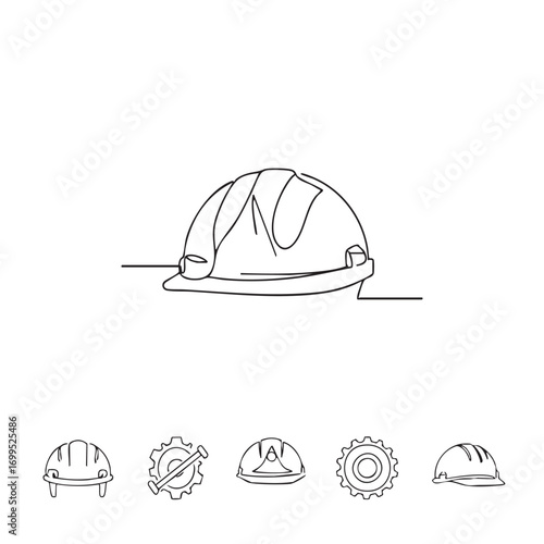 A minimalist continuous line drawing illustrates a protective hard hat, symbolizing safety, construction, and essential worker security in industrial settings.