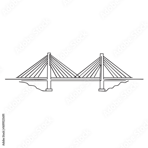 A minimalist line art illustration depicts a modern cable-stayed bridge, symbolizing connectivity, engineering marvels, and architectural design.