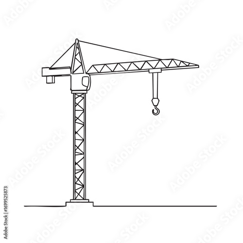 A minimalist black and white line art illustration depicts a towering construction crane, symbolizing progress, urban development, and heavy industry.
