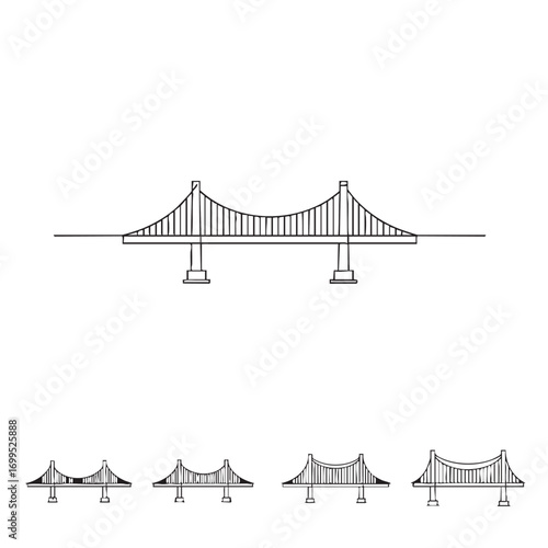 This vector illustration showcases a modern suspension bridge design, presented in a clean line art style, perfect for architectural and urban themes.
